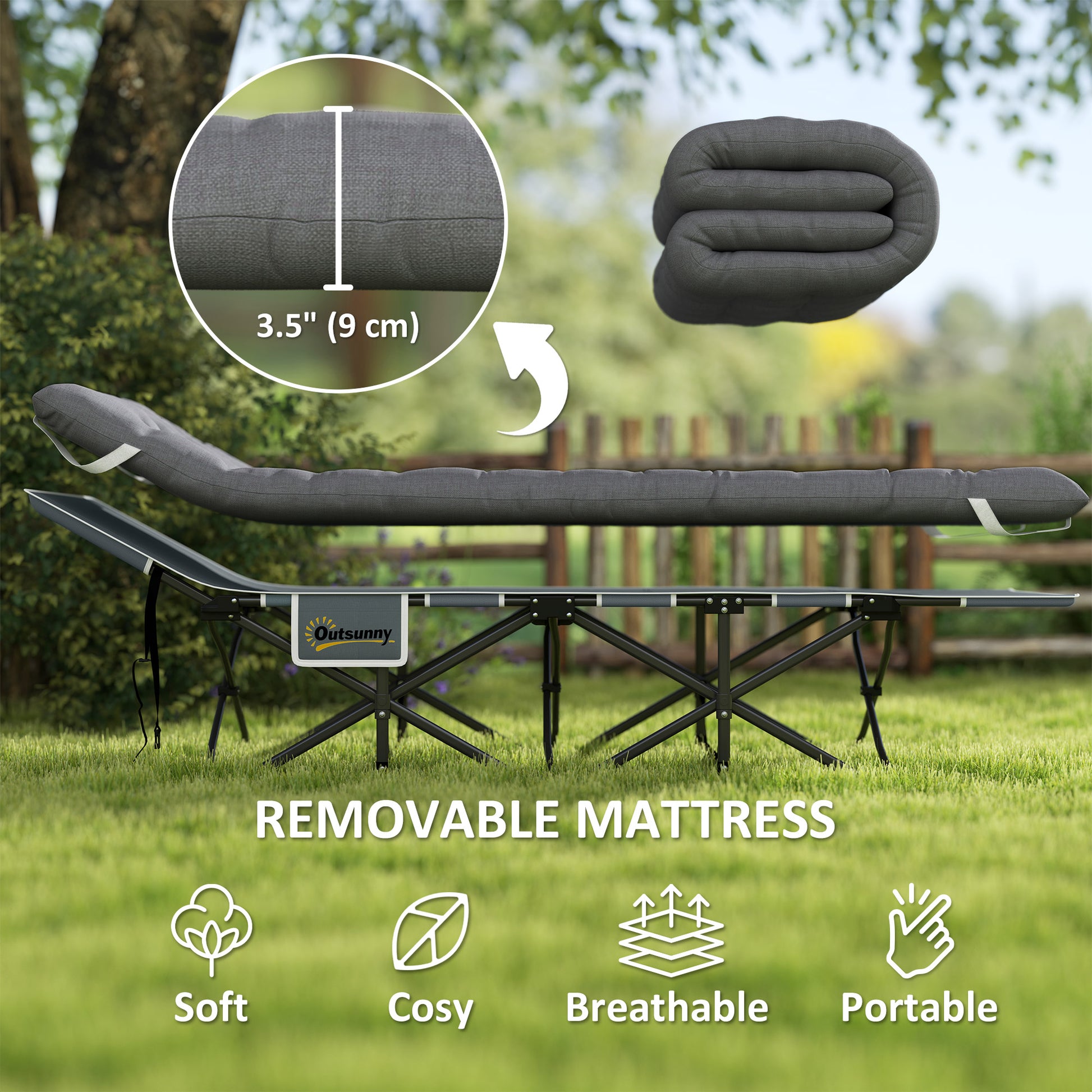 26.8" Wide Folding Bed, Camping Cot for Adults with Cushion, Carry Bag, Max Load 330 LBS, Dark Grey