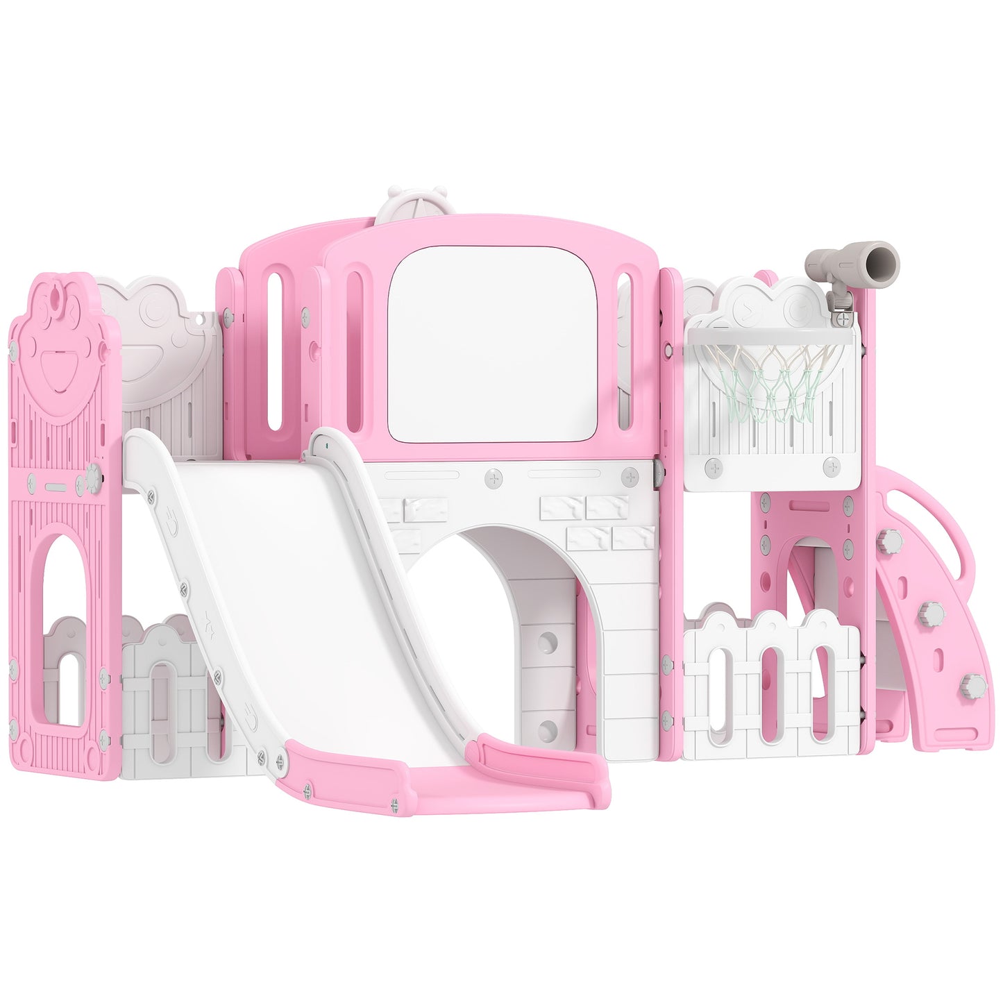 Qaba 7 in 1 Toddler Slide with Basketball Hoop, Climbing Frame, Telescope, Drawing Board, Storage Box for Ages 1-3, Pink