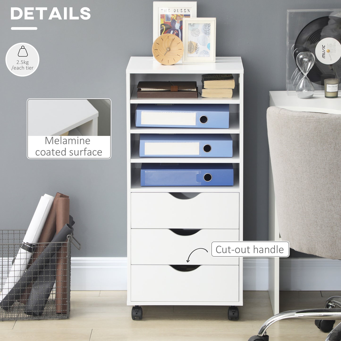 Vertical Filing Cabinet, Mobile File Cabinet on Wheels with 3 Drawers and 4 Open Shelves, Printer Stand with Lockable Casters for Home Office, White