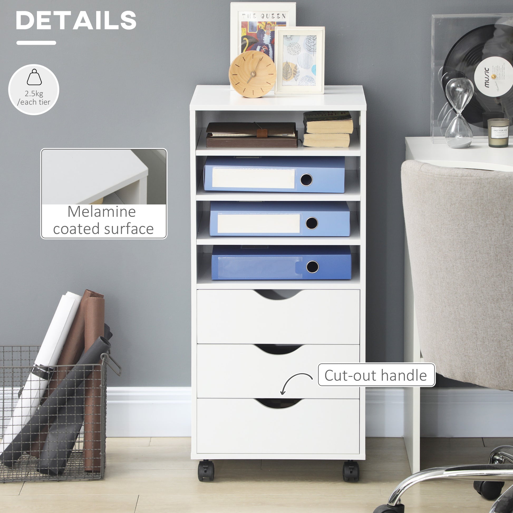 Vertical Filing Cabinet, Mobile File Cabinet on Wheels with 3 Drawers and 4 Open Shelves, Printer Stand with Lockable Casters for Home Office, White