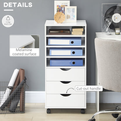 Vertical Filing Cabinet, Mobile File Cabinet on Wheels with 3 Drawers and 4 Open Shelves, Printer Stand with Lockable Casters for Home Office, White