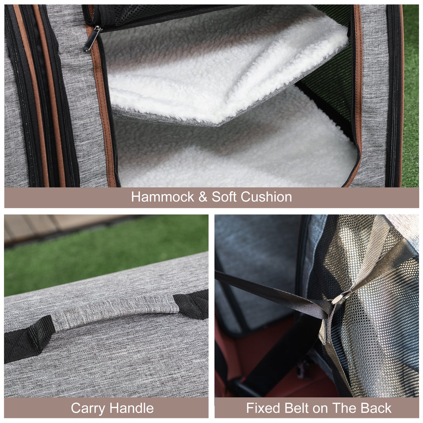 39" Travel Pet Carrier, Portable Soft-Sided Cat Carrier with Divider, Two Compartments, Cushions, & Storage Bag, Grey