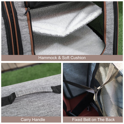 39" Travel Pet Carrier, Portable Soft-Sided Cat Carrier with Divider, Two Compartments, Cushions, & Storage Bag, Grey
