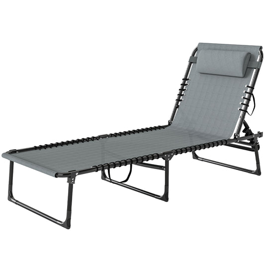 Folding Lounge Chair, Adjustable Chaise Lounge with Headrest, Reclining Lounger Cot for Camping, Hiking, Light Grey