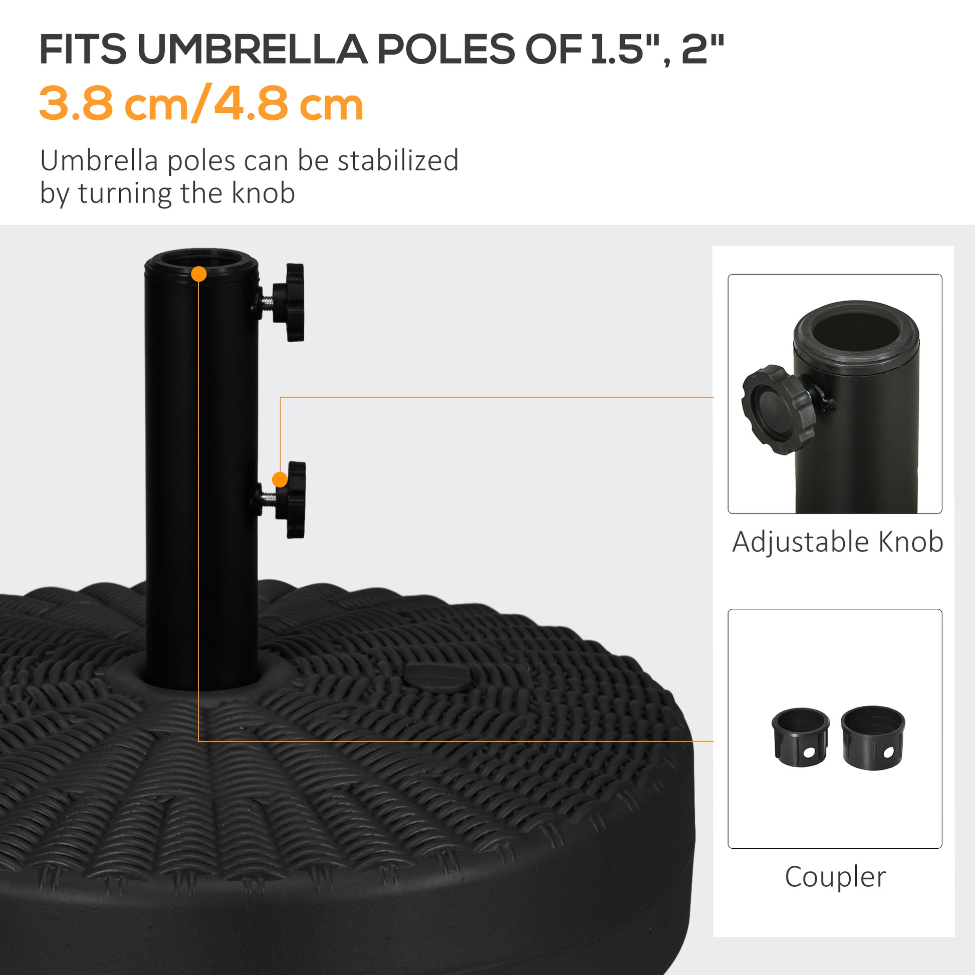 Umbrella Base, Heavy Duty Fillable Base Holder with Steel Pole, Round Parasol Stand for Patio, Outdoor, Backyard, Black