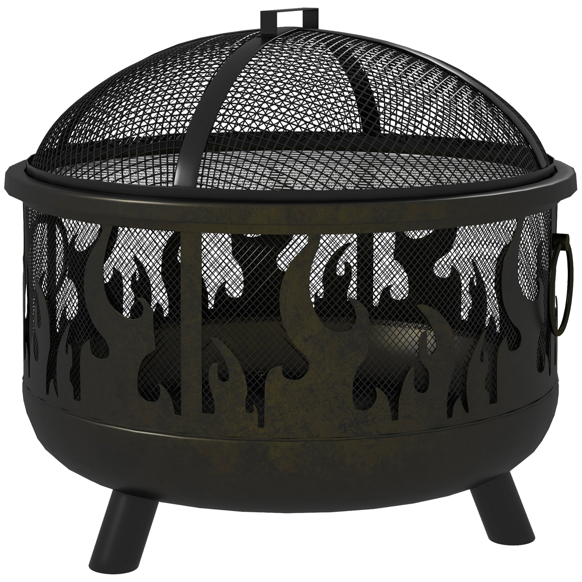 Outdoor Metal Fire Pit, 24" Round Firepit Bowl w/ Lid Grill Poker Handles for Garden, Camping, BBQ, Bonfire, Black