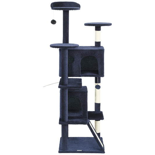 63" Cat Tree, Multi-Level Cat Tower with Scratching Posts, Cat Condos, Bed, Platforms, Ramp, Toy Ball, Dark Blue