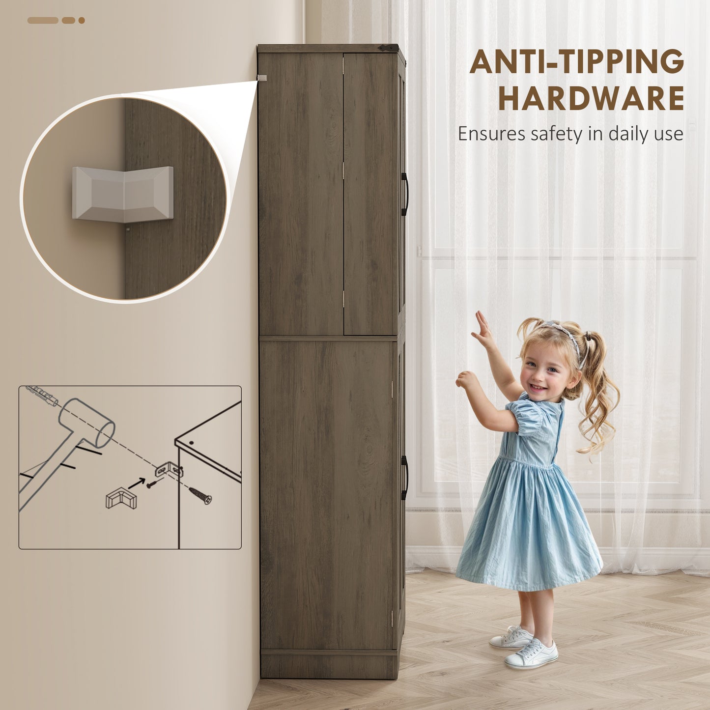 72" Kitchen Pantry Cabinet, Farmhouse Storage Cabinet with 4 Doors, Drawer, 8 Door Shelves and Adjustable Shelf, Grey