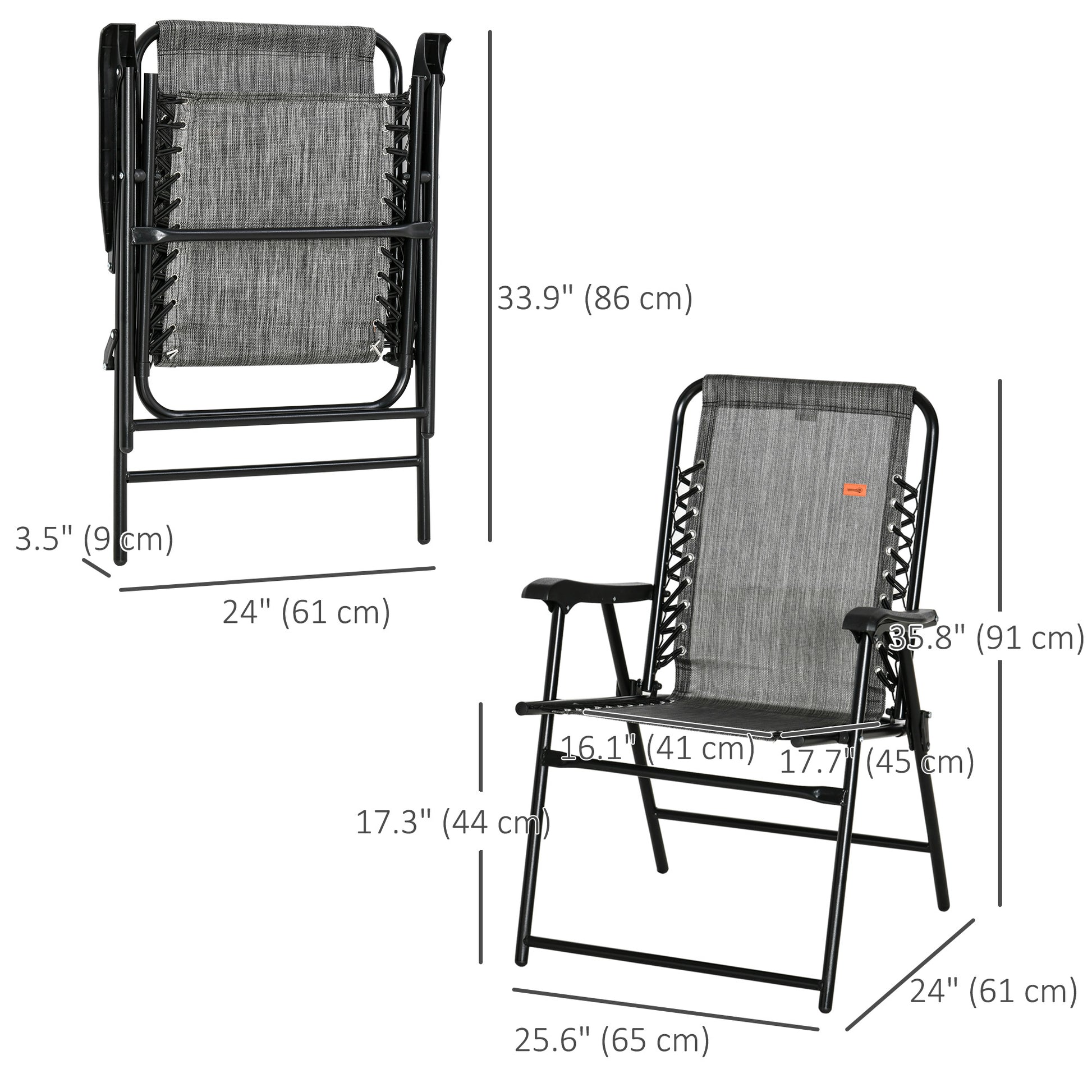 Outdoor Folding Chair, Bungee Sling Foldable Patio Dining Chair with Armrests, Folding Lawn Chair for Camping, Garden, Pool, Beach, Backyard, Grey