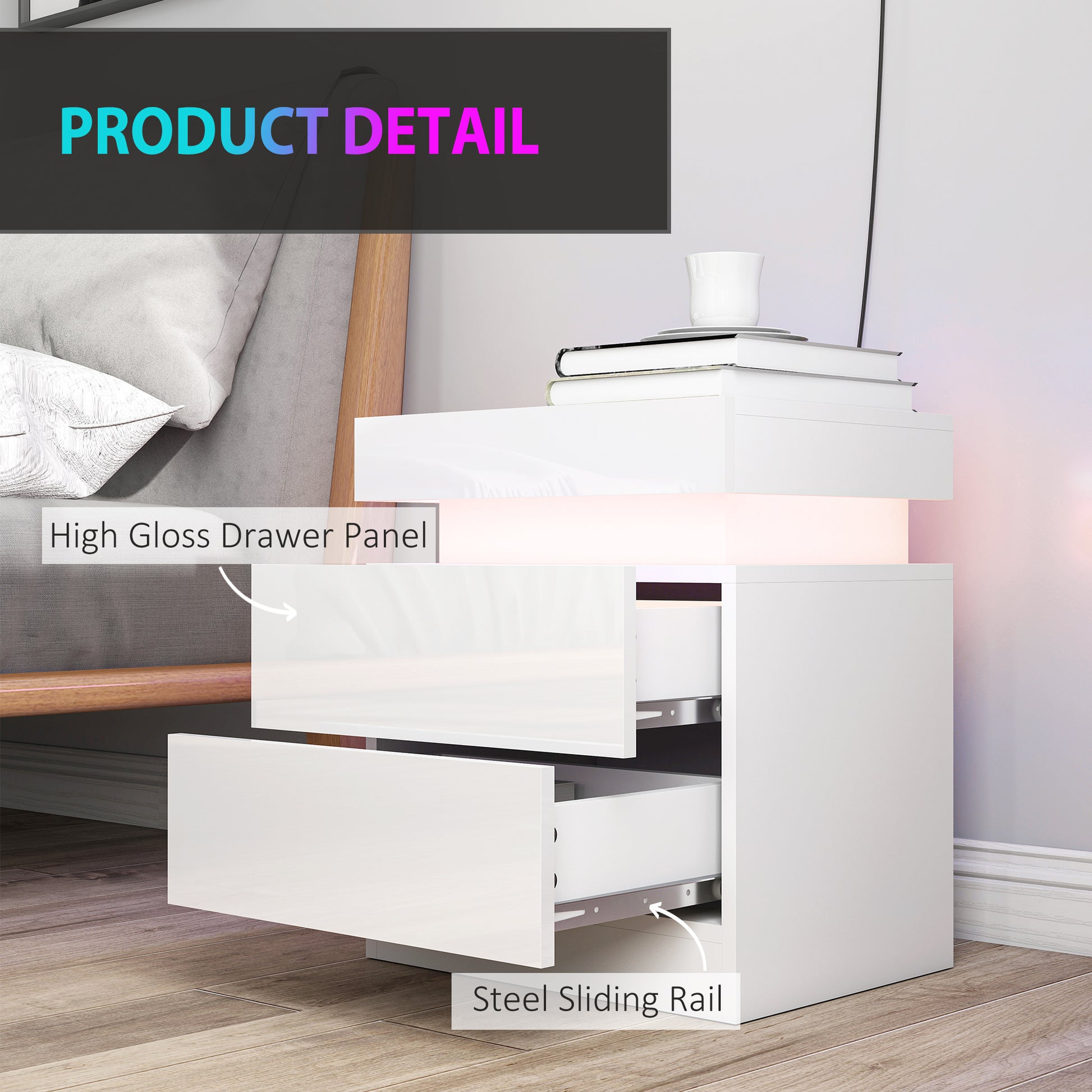 Nightstand Set of 2, End Side Tables with LED Lights, Bedside Tables with 2 Drawers, for Bedroom, White