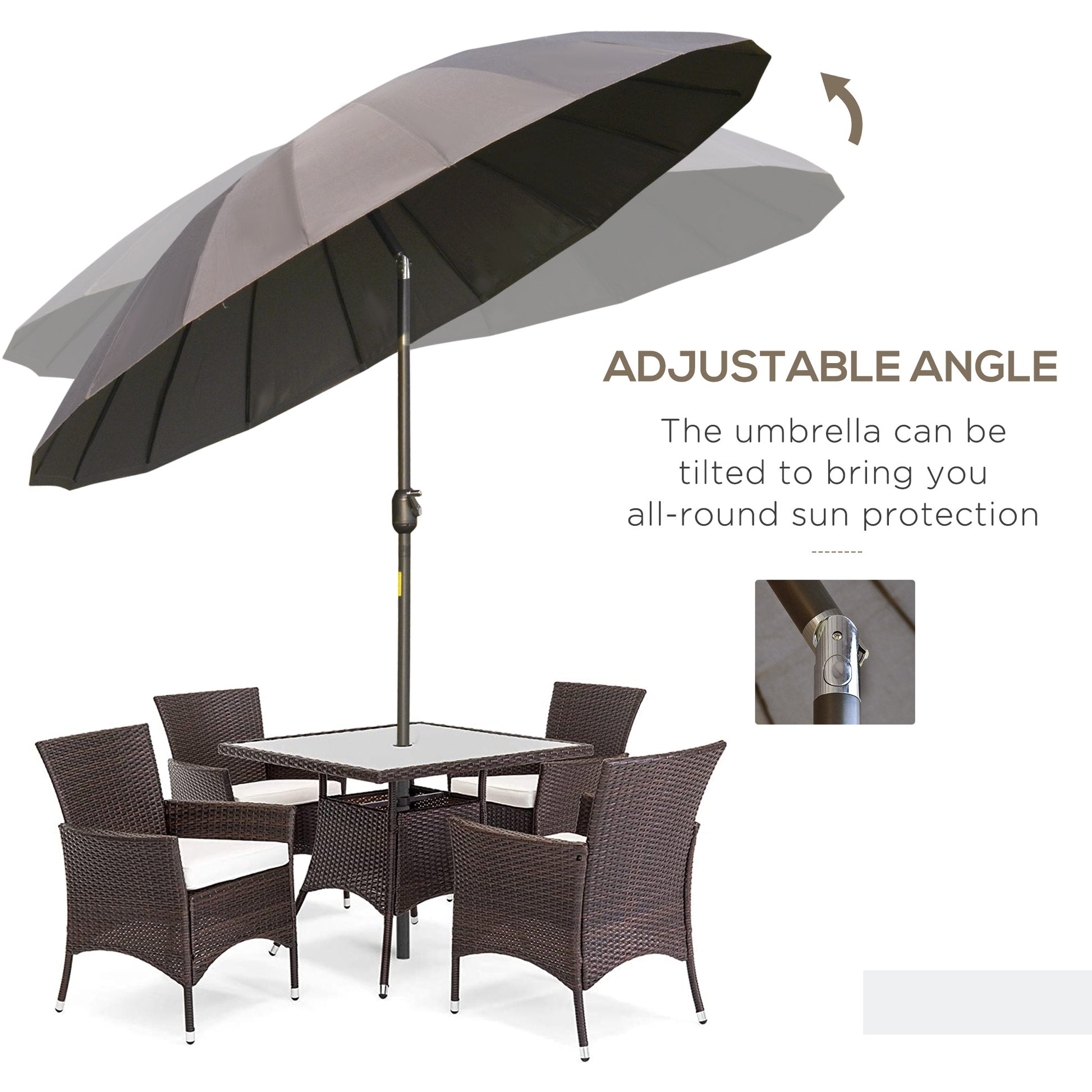 8ft Shanghai Garden Parasol Umbrella with Crank & Tilt, Adjustable Outdoor Sun Shade, Dark Grey