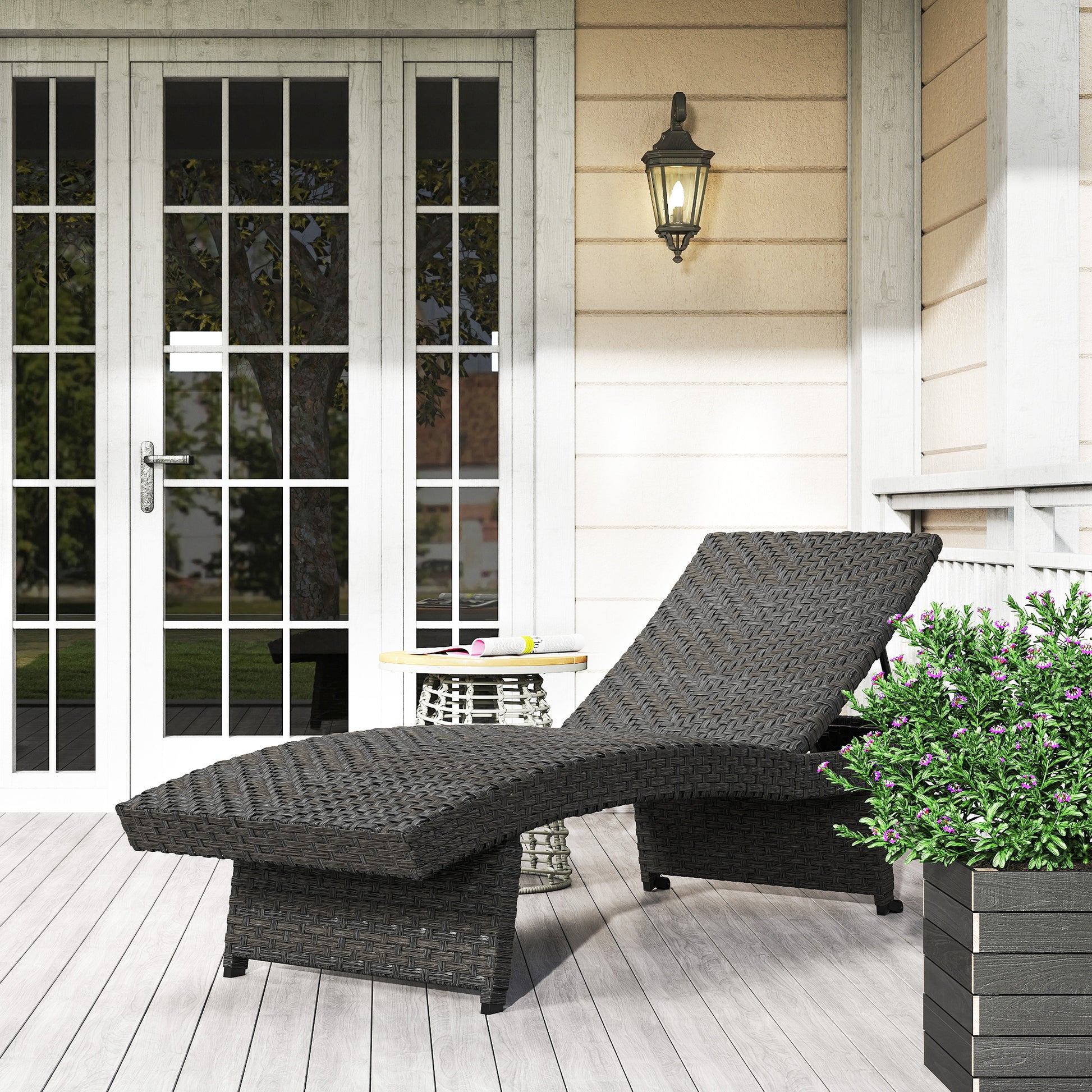 Rattan Folding Outdoor Lounger Chair Recliner with 5-Level Adjustable Backrest, Wheels for Garden, Patio, Mixed Brown