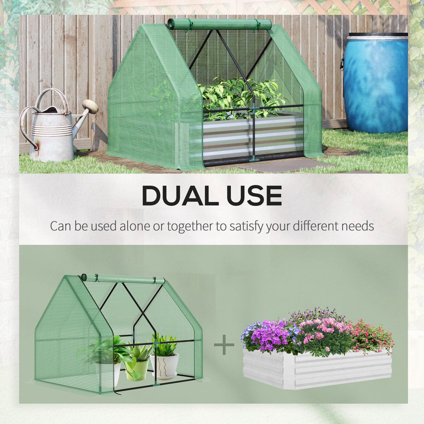 Steel Outdoor Raised Garden Bed with Greenhouse,Cover, Roll Up Door, Dual Use, 50"x37.4"x36.2", Green