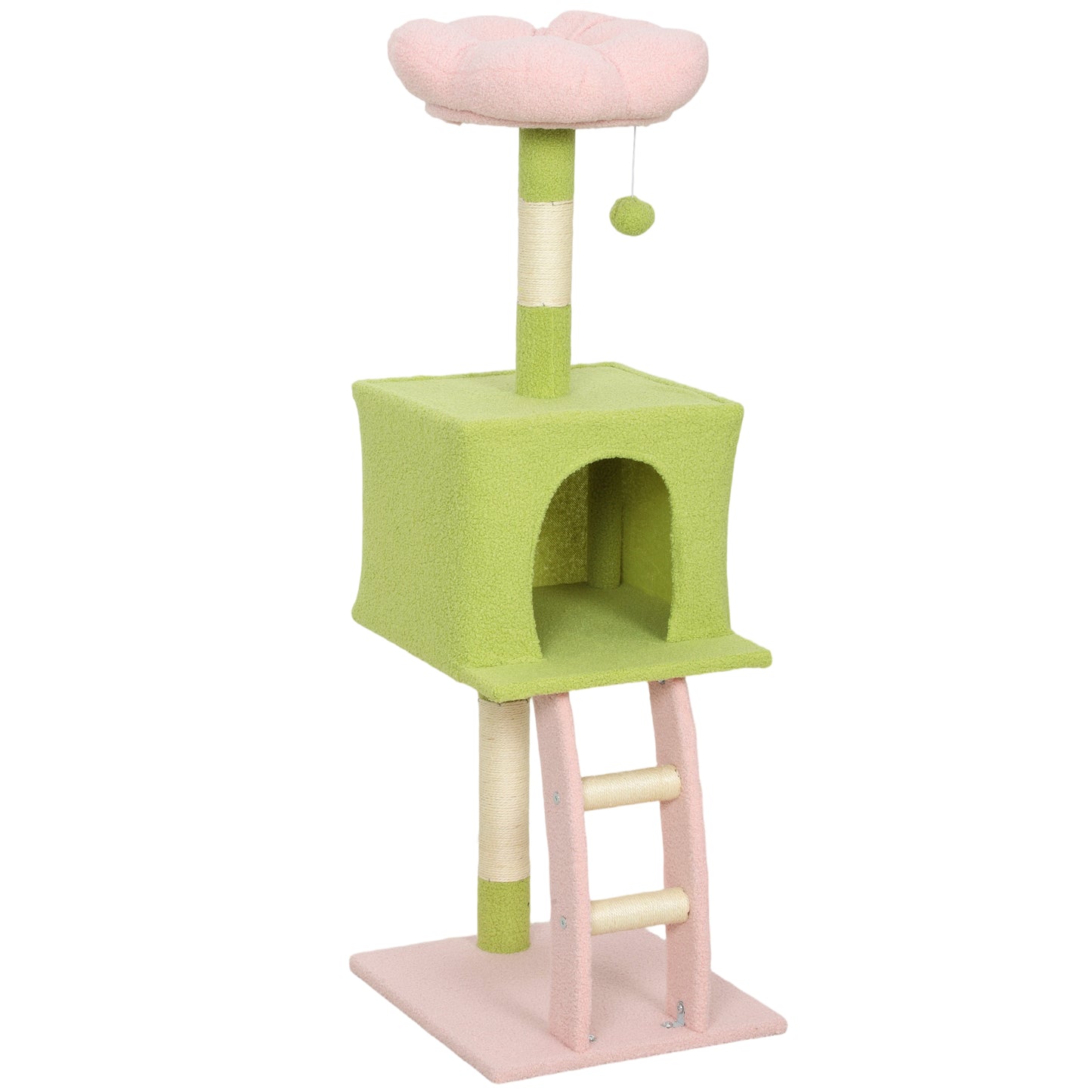 48" Flower Cat Tree with Scratching Post, Cozy Bed, Condo, Climbing Ladder, Perch, Dangling Ball, Green