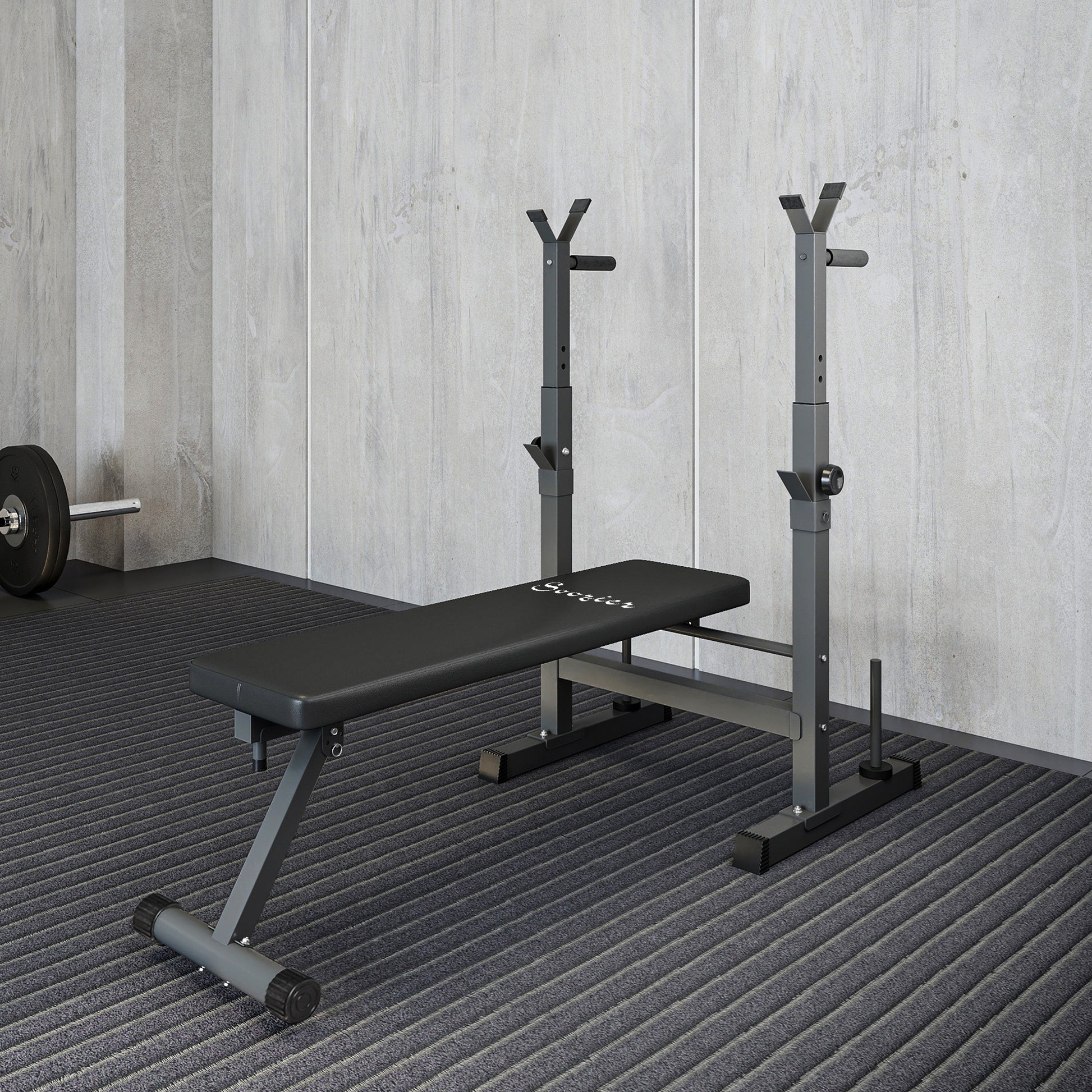 Soozier Adjustable Weight Bench, Foldable Bench Press with Barbell Rack and Dip Station for Home Gym, Strength Training Multiuse Workout Bench, Black and Grey