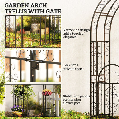 7.4ft Steel Garden Arch with Gate, Garden Arbor Trellis for Climbing Plants, Roses, Vines, Wedding Arch for Outdoor, Garden, Lawn, Backyard, Black