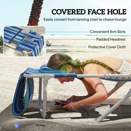Tanning Chair with Face Hole and Side Table, Folding Outdoor Lounge Chair with Carry Straps, Side Pocket, Blue Stripe