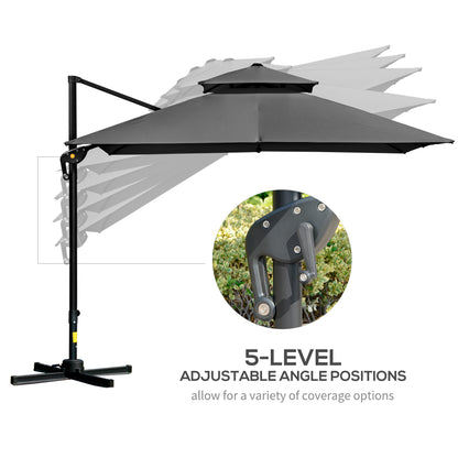 10' x 10' Cantilever Patio Umbrella, Double Top Square Offset Umbrella with 360° Rotation, 5 Adjustable Tilt Angles, Umbrella Cover, Aluminum Pole and Ribs, Charcoal Grey