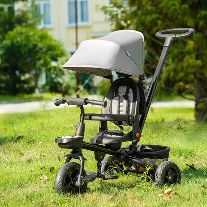 Qaba Tricycle for Toddler 4 in 1 Kids Trike, Foldable Converts Stroller to Toddler Bike, Adjustable Backrest & Curved Canopy, Detachable Guardrail & Handle for 1-5 Years Old, Grey