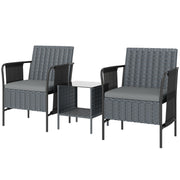 3 Piece Wicker Patio Furniture Set, Outdoor Bistro Set, Side Pockets, Mesh Seat, 2 Tier Glass Table, Cushions, Black