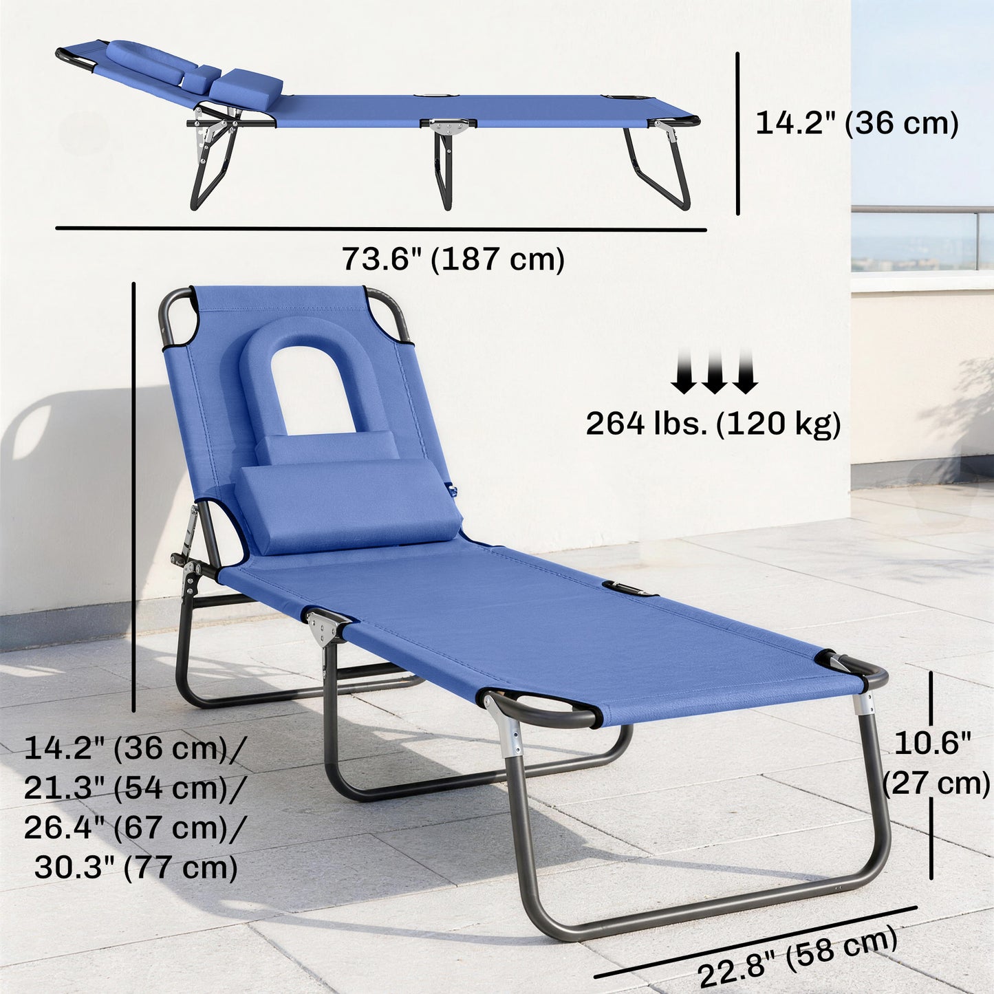 Folding Chaise Lounge Chair, Reclining Beach Tanning Chair with Face Hole, Pillow, 4-Position Adjustable Lay Flat Sun Lounger, Steel Frame for Outdoor Patio Pool, Blue