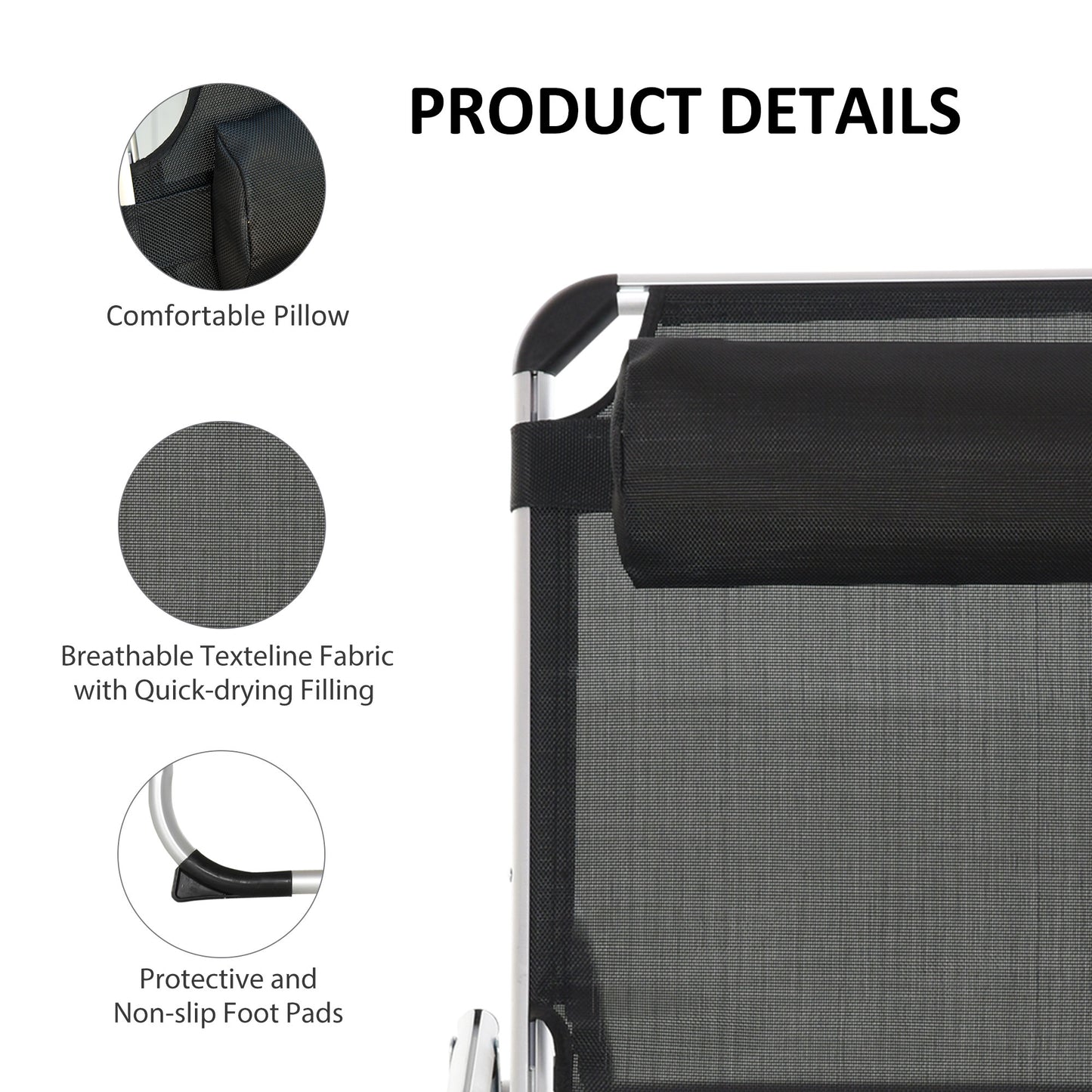 Folding Lounge Chair, Patio Lounger with Headrest, 5-Level Adjustable Backrest, and Aluminum Frame, Black