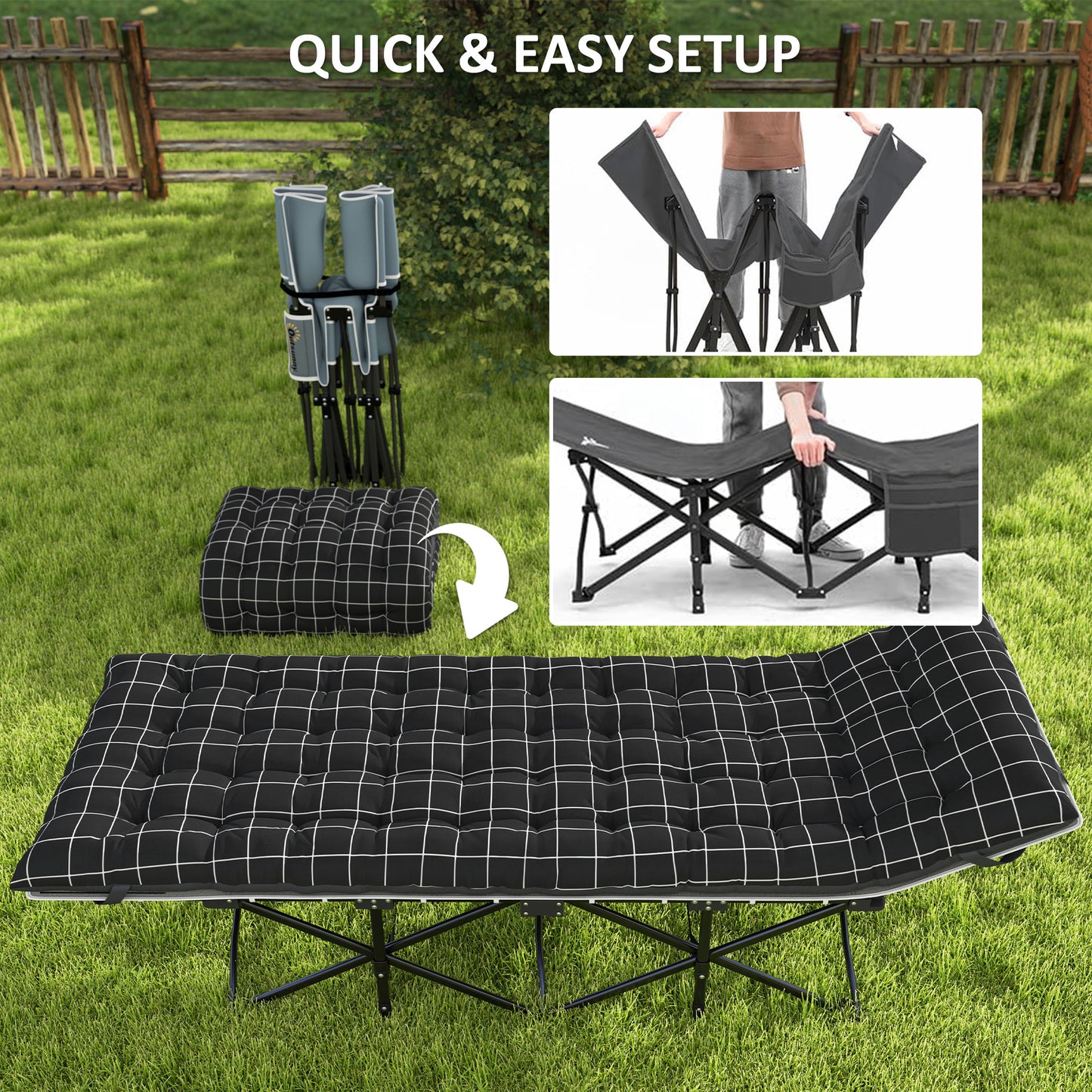 26.4" Wide Folding Bed, Camping Cot for Adults with Mattress, Storage Pocket, Carry Bag, Max Load 330 LBS, Black