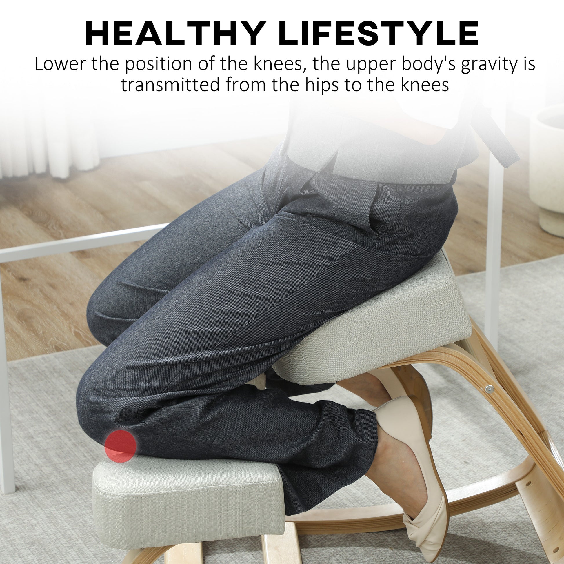 Ergonomic Kneeling Chair, Wood Kneel Stool with Thick Pads, Desk Knee Chair, Improve Posture, Cream White