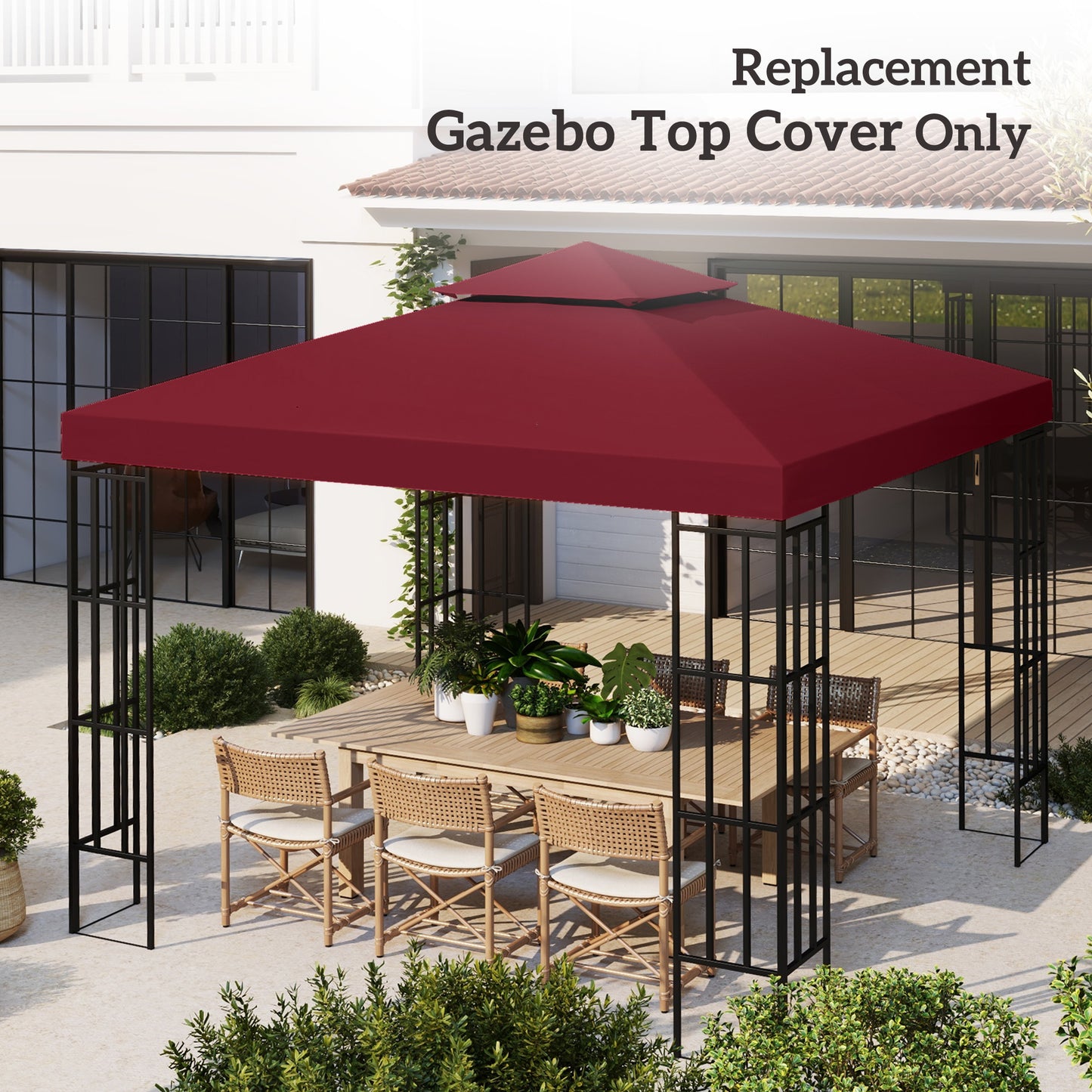 10' x 10' Square 2-Tier Gazebo Canopy Replacement Top Cover Outdoor Garden Sun Shade, Wine Red