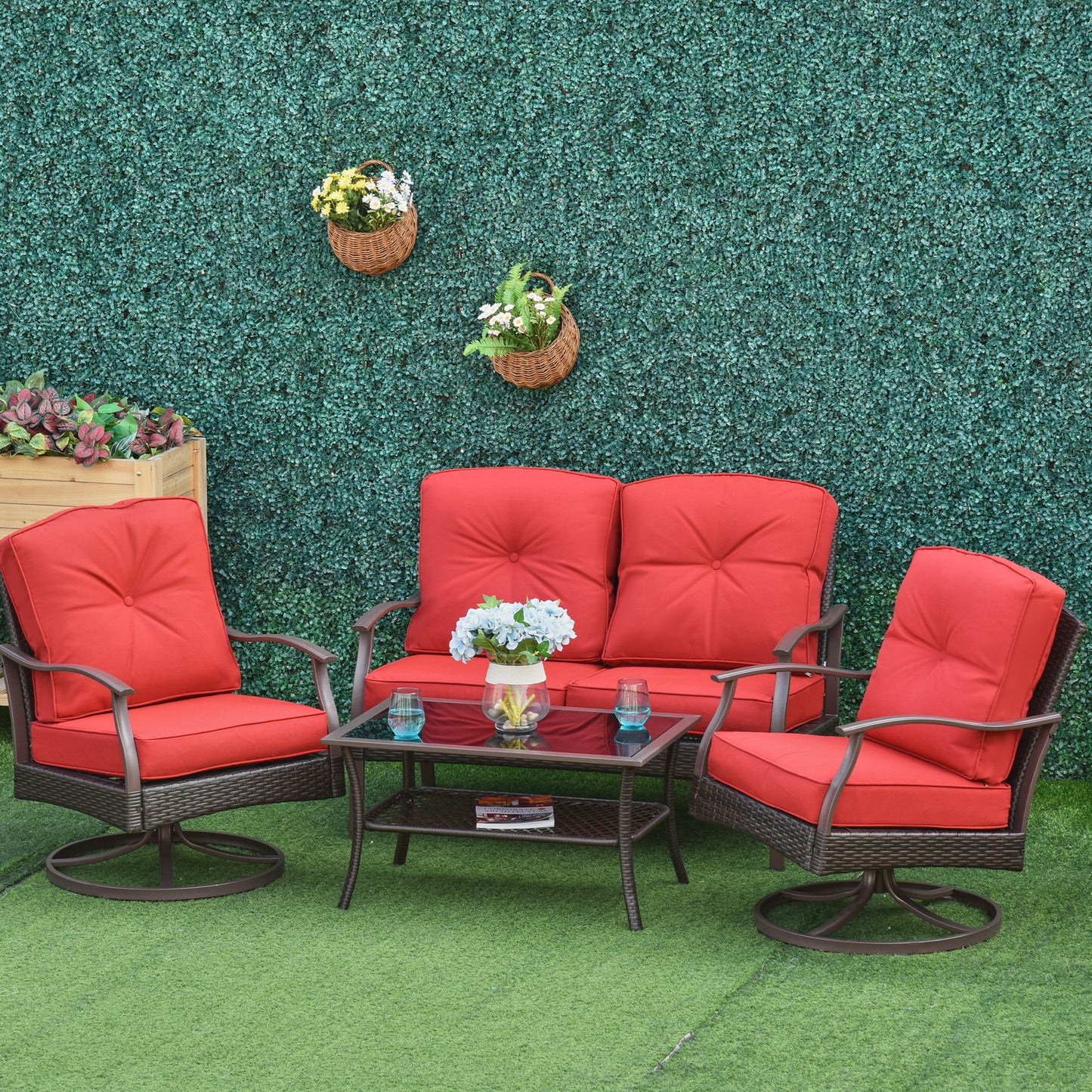4 PCS Patio PE Rattan Wicker Chair Set Outdoor Conversation Furniture w/ Two Tier Tea Table & Cushions, Red