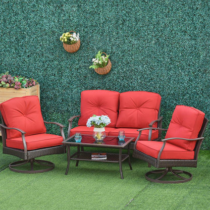 4 PCS Patio PE Rattan Wicker Chair Set Outdoor Conversation Furniture w/ Two Tier Tea Table & Cushions, Red