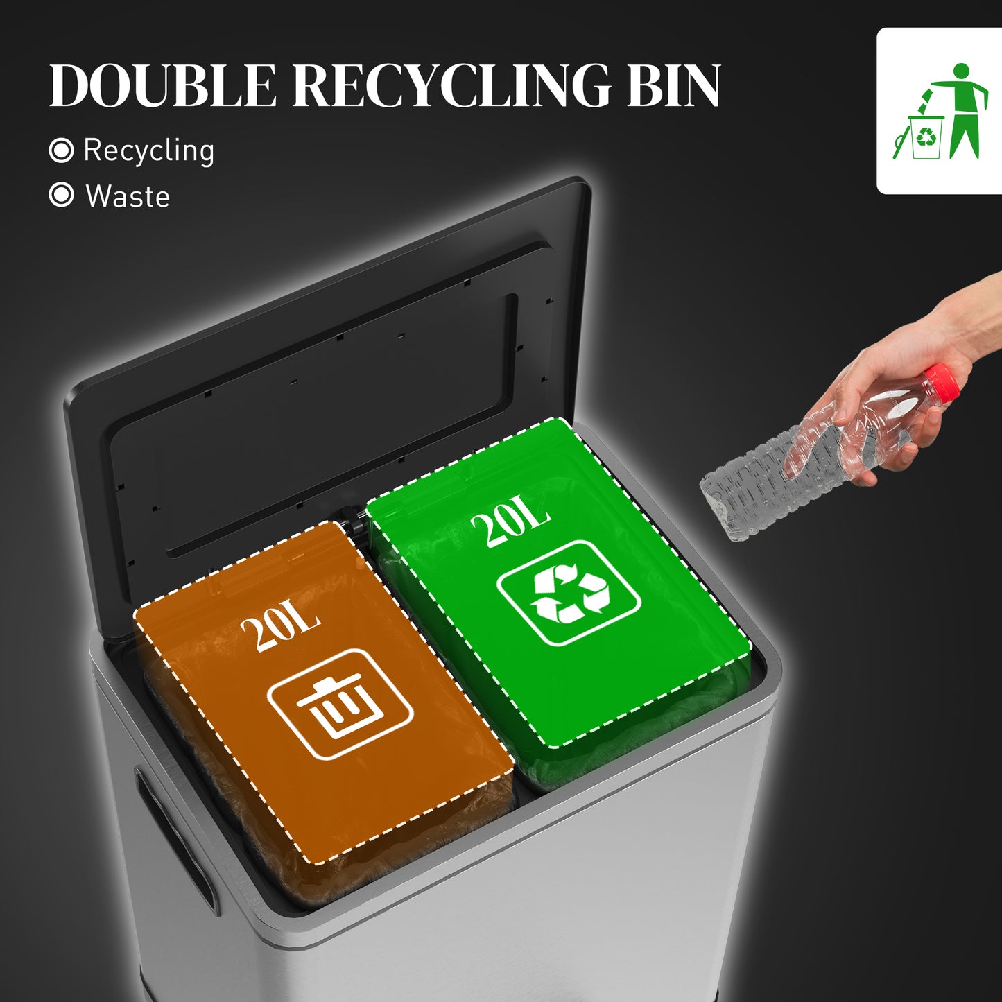 2 x 20 Liter Garbage Bin, Stainless Steel Garbage Can with Soft-Close Lid and Removable Inner Buckets, Silver