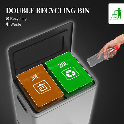 2 x 20 Liter Garbage Bin, Stainless Steel Garbage Can with Soft-Close Lid and Removable Inner Buckets, Silver