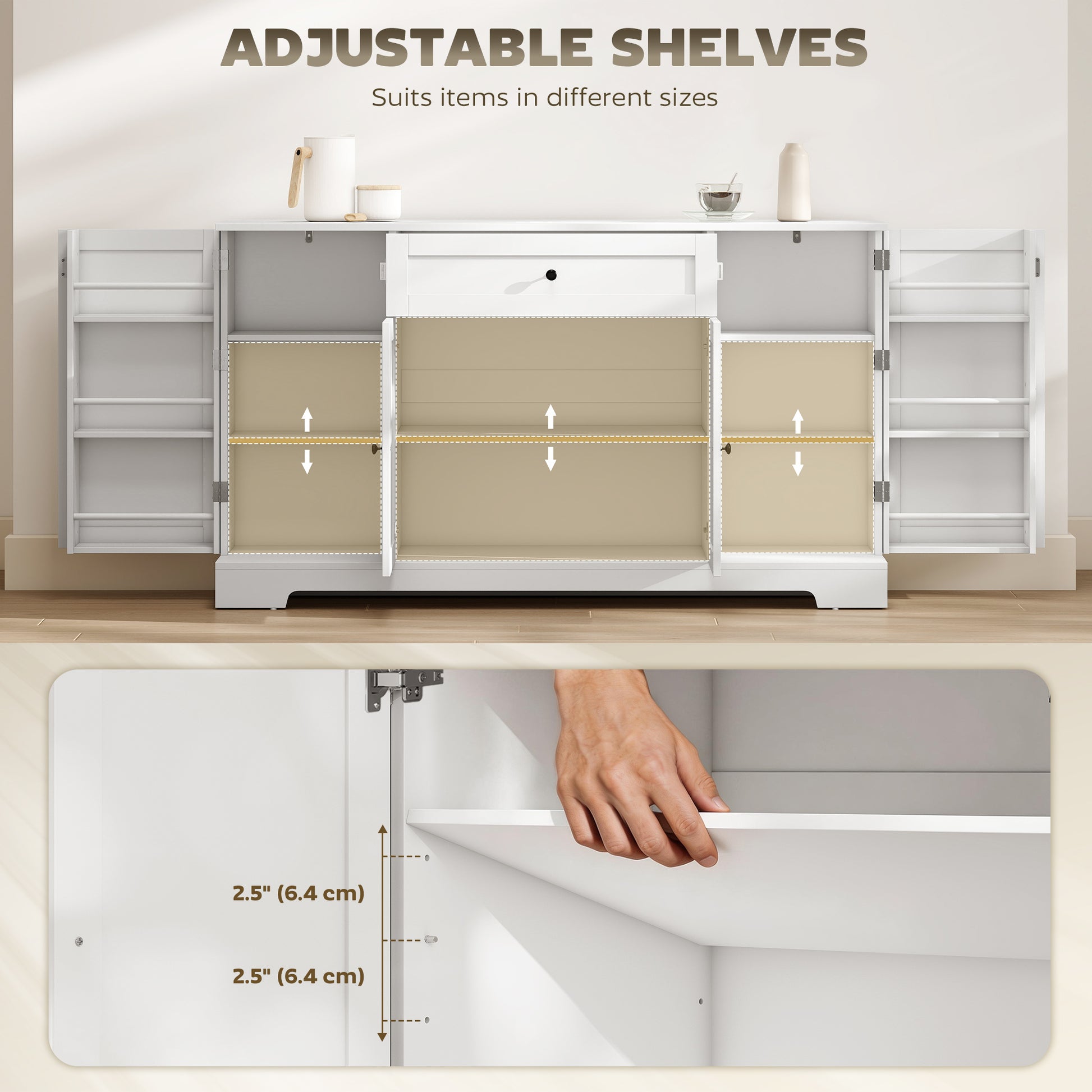 55" Modern Kitchen Storage Cabinet with Drawer, Adjustable Shelves, Small Kitchen Pantry with Door Racks, White