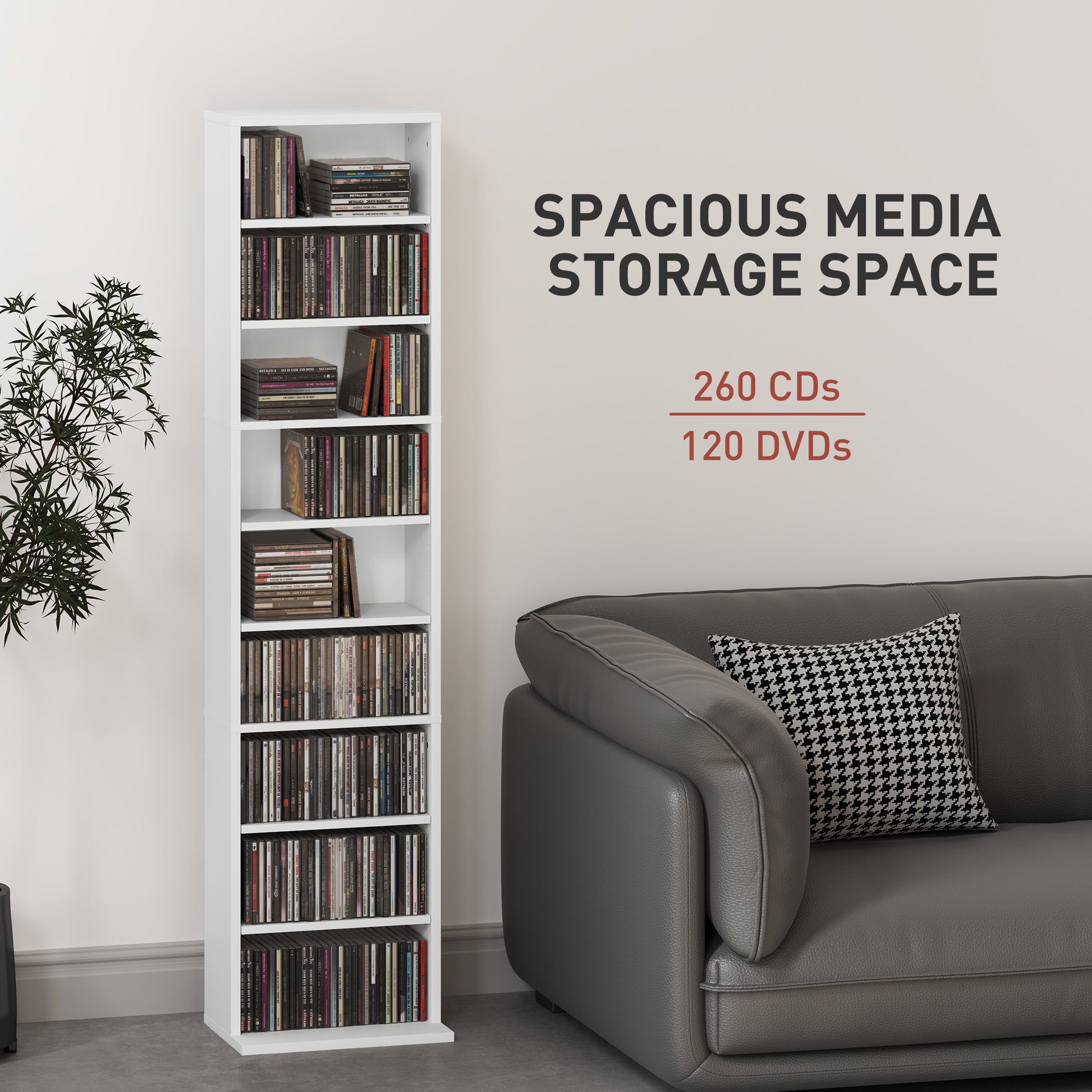 Media Storage Cabinet, 9-Tier Tall Narrow DVD Shelf with 6 Adjustable Shelves, White