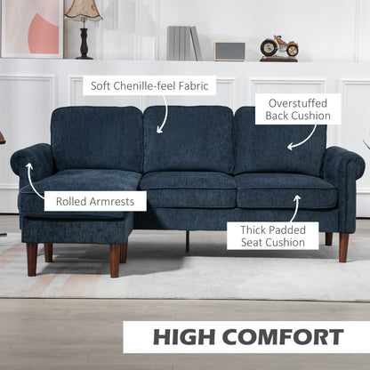 L Shape Sofa, Modern Sectional Couch with Changeable Chaise Lounge, Wooden Legs, Corner Sofa for Living Room, Dark Blue