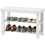Bamboo Shoe Storage Bench, 3-Tier Entryway Bench with 2 Storage Shelves for Hallway, Holds 6 Pairs, White