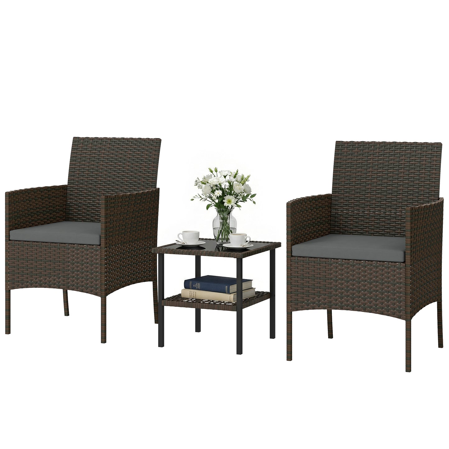 Wicker Bistro Set, 3 Piece Patio Furniture Set with 2-Tier Glass Top Table, Cushions for Balcony, Porch, Dark Grey