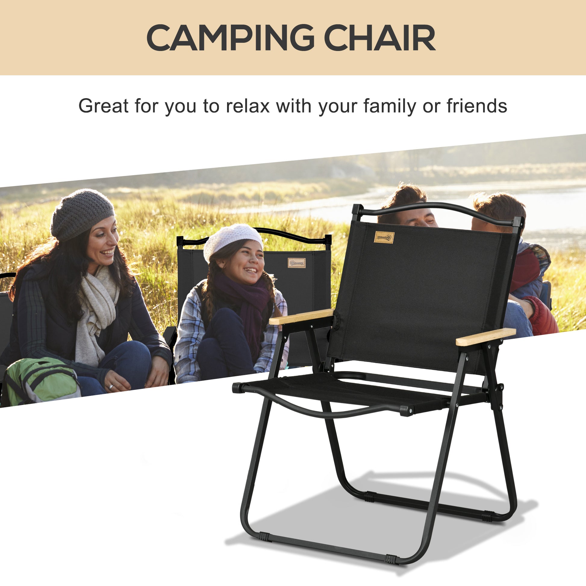 Camping Chair, Lightweight Folding Chair, Portable Armchair, Excellent for Festivals, Fishing, Black