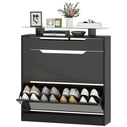 High Gloss Shoe Cabinet with 2 Flip Drawers and Adjustable Shelves, Narrow Shoe Storage Cabinet with Glass Top, Black