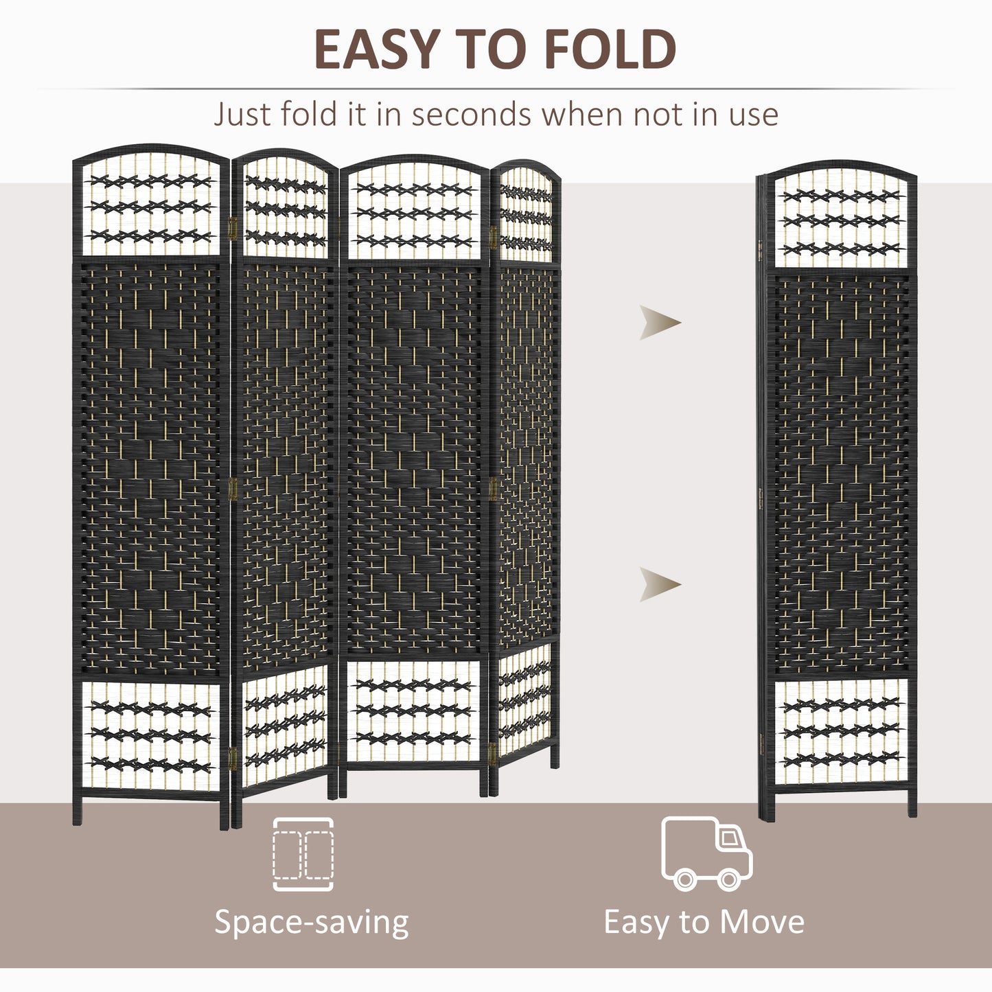 4 Panel Folding Room Divider, Portable Privacy Screen, Wave Fiber Room Partition for Home Office, Black