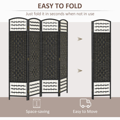 4 Panel Folding Room Divider, Portable Privacy Screen, Wave Fiber Room Partition for Home Office, Black
