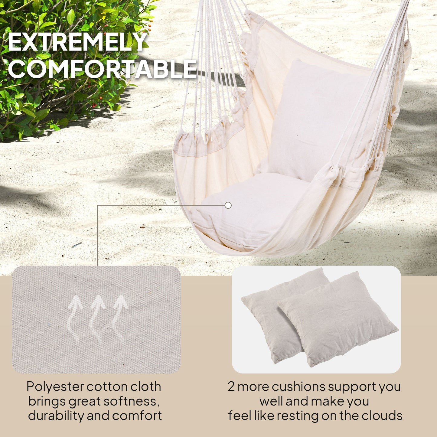 Hammock Chair Swing Hanging Macrame Chair Cotton w/ Two Soft Seat Cushions, for Bedroom Indoor Outdoor Ideal Gift for Kids Lover Birthday Present White