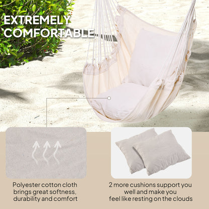Hammock Chair Swing Hanging Macrame Chair Cotton w/ Two Soft Seat Cushions, for Bedroom Indoor Outdoor Ideal Gift for Kids Lover Birthday Present White