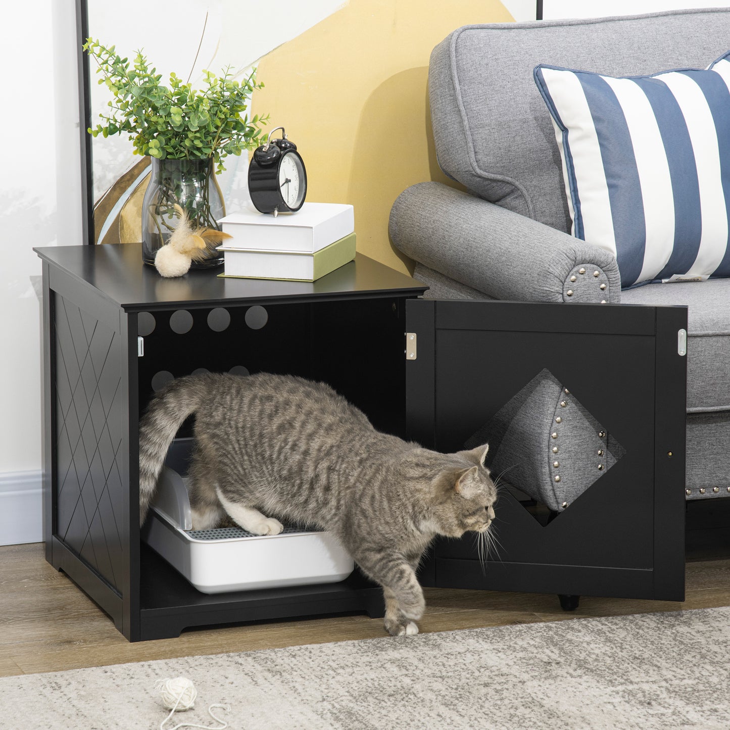 Cat Litter Box Enclosure End Table, Indoor Cat Washroom with Magnetic Door, Hidden Litter Box Nightstand with Large Tabletop, Easy Assembly, Black