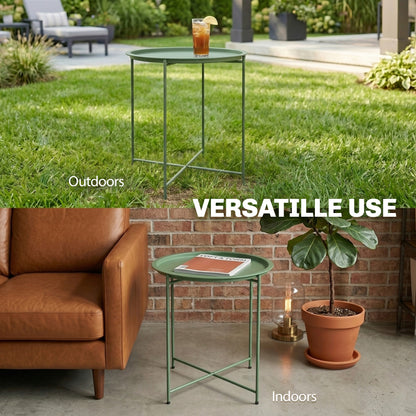 18" Outdoor Side Table with Removable Tray and Folding Legs, Indoor Outdoor for Balcony, Porch, Green