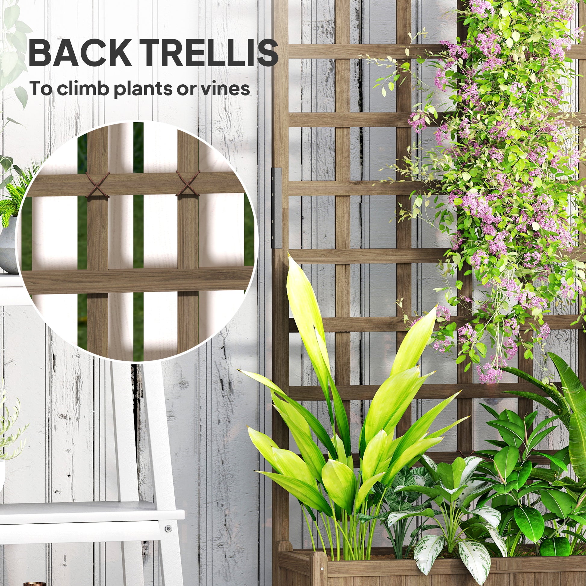 Wooden Planter with Trellis, Raised Garden Bed with Wheels, Drainage Holes for Climbing Plants, Flowers, Brown