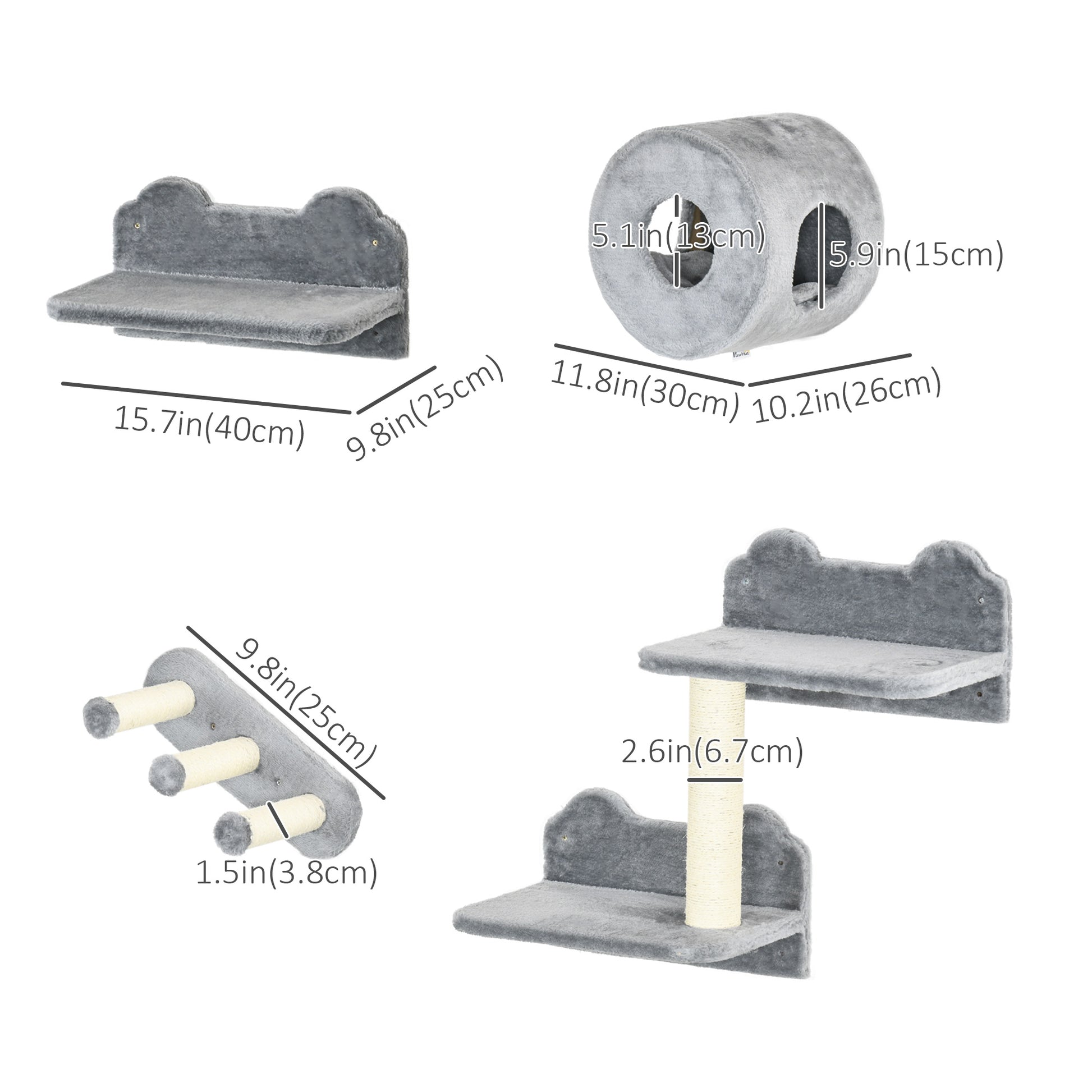 4 PCs 9.3" H Cat Wall Shelves, Pet Wall-mounted Climbing Shelf Set, Kitten Activity Centre with Condo, Cushion, Scratching Post, Jumping Platform, Grey