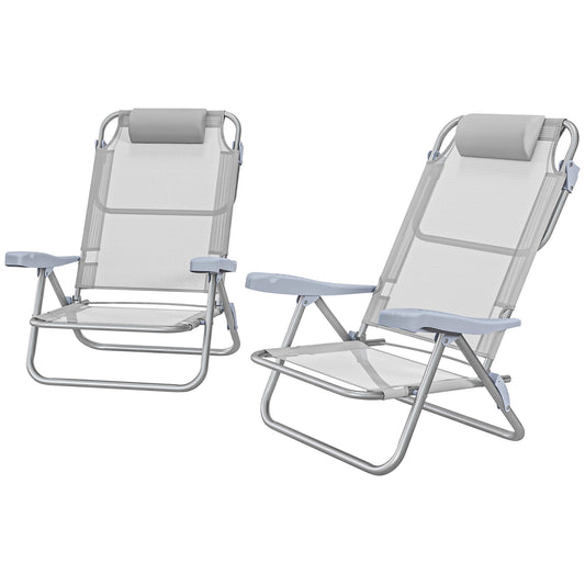 Set of 2 Camping Chairs, Beach Chairs with Adjustable Backrest and Headrest, Folding Chair for Outdoor, Light Grey