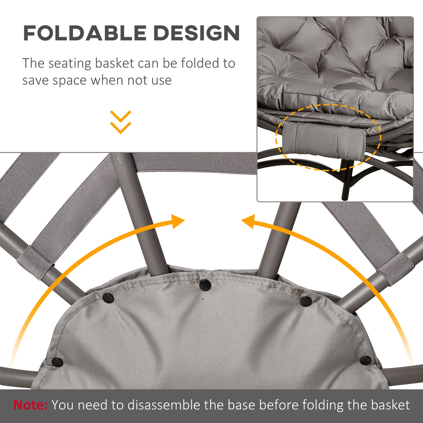 Egg Chair, Patio Lounge Chair, Foldable Basket Chair with Large Seat Cushion, Side Pocket, Sand